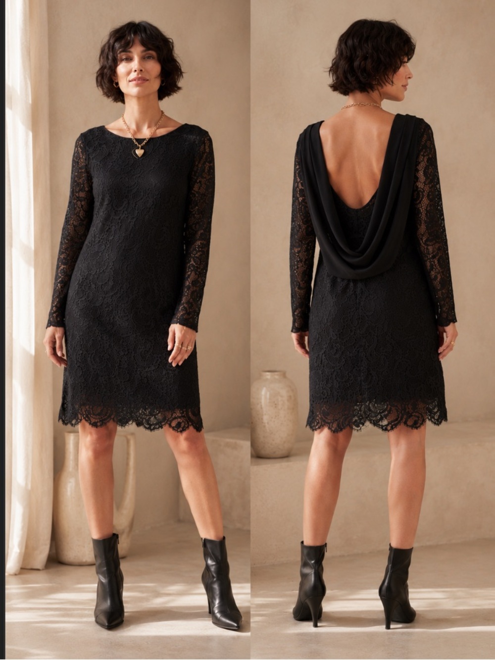 Vintage Lace Mini Dress Black Open-Back Rock-Chic Night Out Long Sleeve Draped